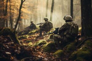 Soldiers in autumn camouflage uniforms in a forest, showcasing military readiness. Generative Ai photo