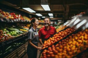 Manager guiding the trainee in inspecting the quality of fresh produce. Generative Ai photo