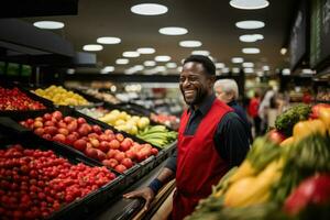 Manager guiding the trainee in inspecting the quality of fresh produce. Generative Ai photo