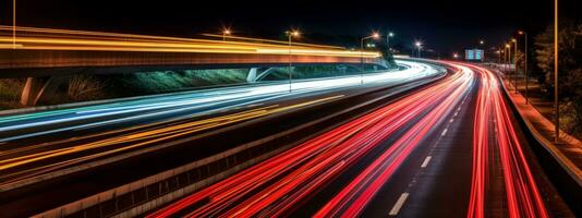 A long-exposure image of light trails from moving vehicles at night, creating a sense of motion and excitement. Web banner backdrop. Generative Ai photo
