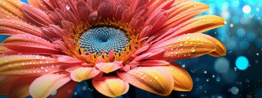 An up-close and detailed shot of a blooming flower, capturing the intricate details and vibrant colors in an eye-catching manner. Web banner backdrop. Generative Ai photo