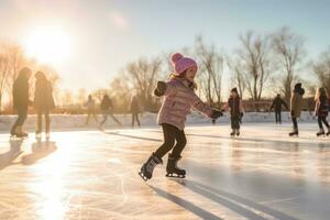 Joyful ice skating session on a frozen pond or rink, capturing the magic of winter sports. Generative Ai photo