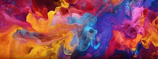A mesmerizing image of swirling liquid in vibrant colors, reminiscent of paint or ink, creating a captivating and abstract visual experience. Web banner backdrop. Generative Ai photo