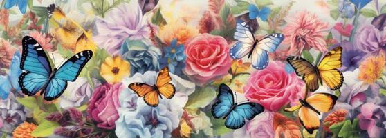 An image capturing the beauty of nature with a mesmerizing blend of colorful flowers, leaves, and butterflies, evoking a sense of tranquility and wonder. Web banner backdrop. Generative AI photo