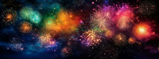 An explosion of colorful fireworks lighting up the night sky, creating a festive and celebratory atmosphere. Web banner backdrop. Generative Ai photo