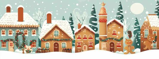 An adorable gingerbread village with cute houses, candy canes, and icing details, evoking a sense of whimsy and sweetness for Christmas web banner. Generative AI photo