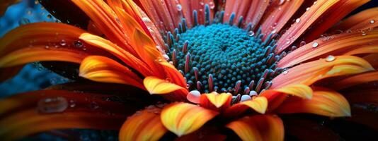 un de cerca y detallado Disparo de un floreciente flor, capturar el intrincado detalles y vibrante colores en un llamativo manera. web bandera fondo. generativo ai foto