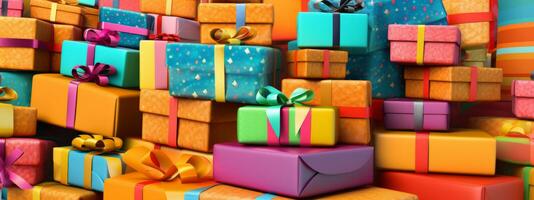 A vibrant stack of beautifully wrapped gift boxes in various sizes and patterns, conveying the joy and spirit of giving. Web banner backdrop. Generative AI photo