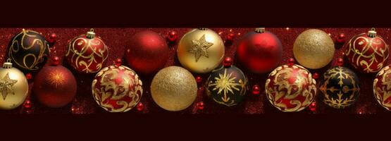 A composition of elegant red and gold Christmas ornaments arranged in a visually pleasing pattern, adding a touch of sophistication and warmth to web banner. Generative AI photo