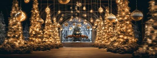 un cautivador bosque de hermosamente decorado Navidad árboles, adornado con centelleo luces y reluciente adornos, creando un mágico ambiente generativo ai foto