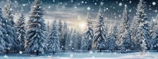 A serene winter landscape with snow-covered trees, glistening snowflakes, and a hint of holiday magic, creating a peaceful and enchanting scene for Christmas web banners. Generative AI photo