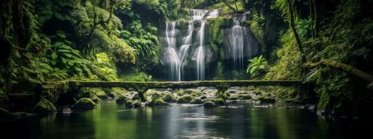 A dreamy and ethereal capture of a waterfall surrounded by lush greenery, evoking a sense of serenity and natural beauty. Web banner backdrop. Generative Ai photo
