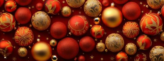 A composition of elegant red and gold Christmas ornaments arranged in a visually pleasing pattern, adding a touch of sophistication and warmth to web banner. Generative AI photo