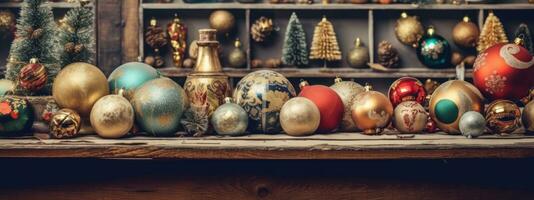 Vintage-inspired Christmas decorations like retro baubles, antique toys, and old-fashioned ornaments, infusing web banners with nostalgic charm and timeless appeal. Generative AI photo