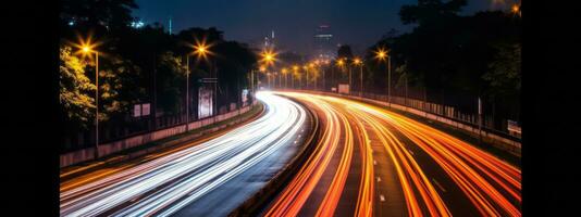 A long-exposure image of light trails from moving vehicles at night, creating a sense of motion and excitement. Web banner backdrop. Generative Ai photo