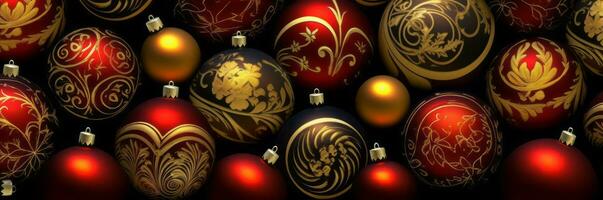 A composition of elegant red and gold Christmas ornaments arranged in a visually pleasing pattern, adding a touch of sophistication and warmth to web banner. Generative AI photo