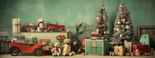 Vintage-inspired Christmas decorations like retro baubles, antique toys, and old-fashioned ornaments, infusing web banners with nostalgic charm and timeless appeal. Generative AI photo