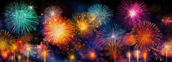 An explosion of colorful fireworks lighting up the night sky, creating a festive and celebratory atmosphere. Web banner backdrop. Generative Ai photo