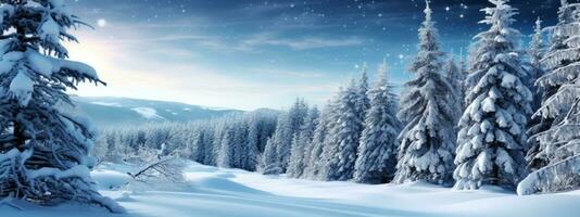 A serene winter landscape with snow-covered trees, glistening snowflakes, and a hint of holiday magic, creating a peaceful and enchanting scene for Christmas web banners. Generative AI photo