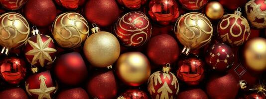 A collection of shiny red and gold Christmas balls arranged in an eye-catching pattern, creating a luxurious and celebratory atmosphere for web banners. Generative AI photo