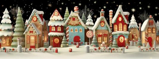 An adorable gingerbread village with cute houses, candy canes, and icing details, evoking a sense of whimsy and sweetness for Christmas web banner. Generative AI photo