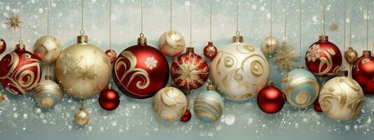 A collection of beautifully designed Christmas ornaments in various shapes, colors, and textures, creating an elegant and eye-catching visual for web banners. Generative Ai photo