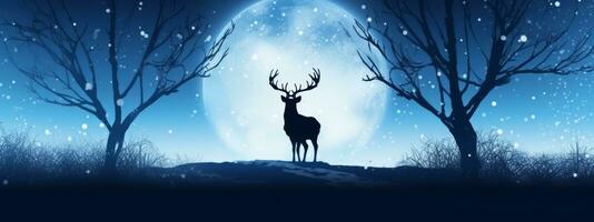 A graceful silhouette of a reindeer against a moonlit sky, conveying the enchantment and magic of Christmas. Web banner backdrop. Generative AI photo