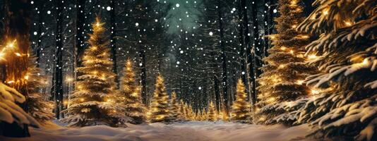 A captivating forest of beautifully decorated Christmas trees, adorned with twinkling lights and shimmering ornaments, creating a magical ambiance. Generative AI photo