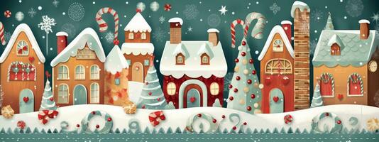 An adorable gingerbread village with cute houses, candy canes, and icing details, evoking a sense of whimsy and sweetness for Christmas web banner. Generative AI photo