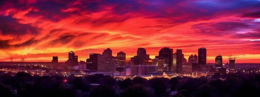 un maravilloso silueta de un ciudad horizonte en contra un asombroso puesta de sol cielo, exhibiendo el vibrante colores y urbano energía. web bandera fondo. generativo ai foto