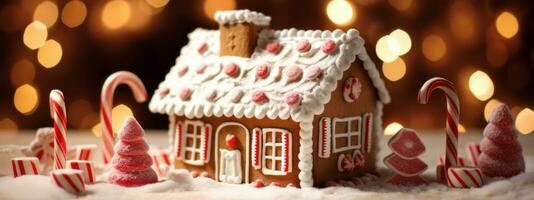 A charming and whimsical gingerbread house adorned with candy canes, gumdrops, and frosting, adding a touch of sweetness and nostalgia to web banners. Generative AI photo