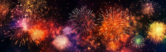 An explosion of colorful fireworks lighting up the night sky, creating a festive and celebratory atmosphere. Web banner backdrop. Generative Ai photo