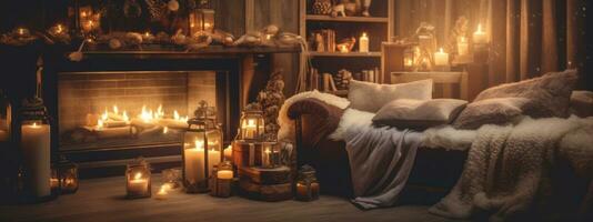 A cozy scene with flickering candles, warm blankets, and a crackling fireplace, creating a serene and inviting atmosphere for captivating Christmas web banners. Generative Ai photo