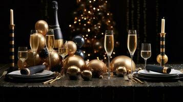 Popping champagne bottles, golden bubbles, and cascading champagne glasses, capturing the spirit of celebration and luxury for a captivating Christmas design. Generative AI photo