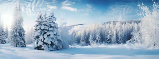 A serene winter landscape with snow-covered trees, glistening snowflakes, and a hint of holiday magic, creating a peaceful and enchanting scene for Christmas web banners. Generative AI photo