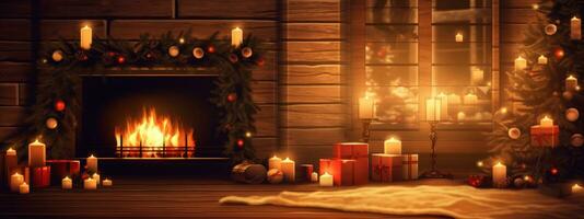 A cozy scene with flickering candles, warm blankets, and a crackling fireplace, creating a serene and inviting atmosphere for captivating Christmas web banners. Generative Ai photo