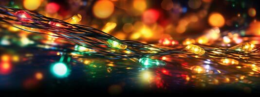 A close-up shot of twinkling Christmas lights in vibrant colors, illuminating the darkness and adding a warm glow to web banners. Generative AI photo