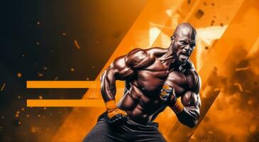 Muscular bodybuilder man in fitness with copy space, banner. Generative AI photo