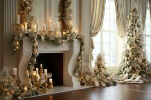 A lavish composition featuring gold ornaments, shimmering ribbons, and cascading strings of pearls, exuding opulence and sophistication for a luxurious Christmas design. Generative AI photo