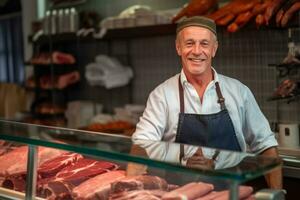 sonriente Carnicero en frente de el carne mostrador de el Carnicero tienda. generativo ai foto