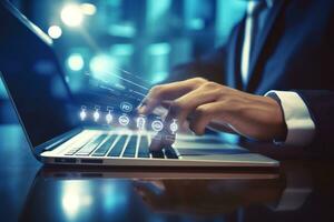 Businessman hand Browsing Internet Data Information Search engine. Networking Concept. Generative AI photo