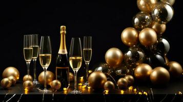 Popping champagne bottles, golden bubbles, and cascading champagne glasses, capturing the spirit of celebration and luxury for a captivating Christmas design. Generative AI photo