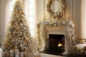 A lavish composition featuring gold ornaments, shimmering ribbons, and cascading strings of pearls, exuding opulence and sophistication for a luxurious Christmas design. Generative AI photo