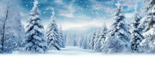 A serene winter landscape with snow-covered trees, glistening snowflakes, and a hint of holiday magic, creating a peaceful and enchanting scene for Christmas web banners. Generative AI photo