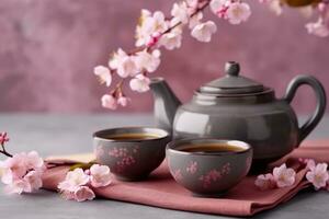 tazas de elaborada té, tetera y sakura flores en gris mesa. generativo ai foto