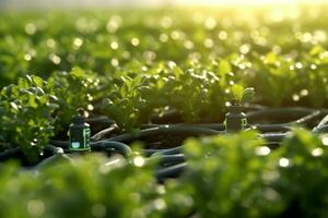 Close-up shots of advanced irrigation systems, such as drip irrigation or sprinklers, demonstrating water conservation and efficient crop hydration. Generative Ai photo