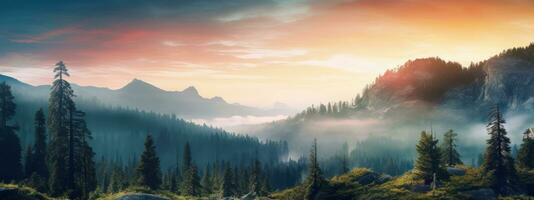 Breathtaking landscape with vibrant colors and natural elements such as mountains, forests, or waterfalls, creating a captivating and serene web banner. Generative AI photo