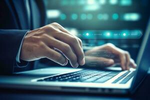 Businessman hand Browsing Internet Data Information Search engine. Networking Concept. Generative AI photo