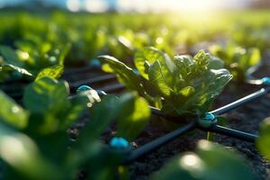 Close-up shots of advanced irrigation systems, such as drip irrigation or sprinklers, demonstrating water conservation and efficient crop hydration. Generative Ai photo