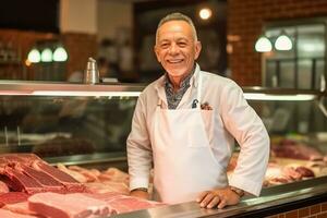 sonriente Carnicero en frente de el carne mostrador de el Carnicero tienda. generativo ai foto